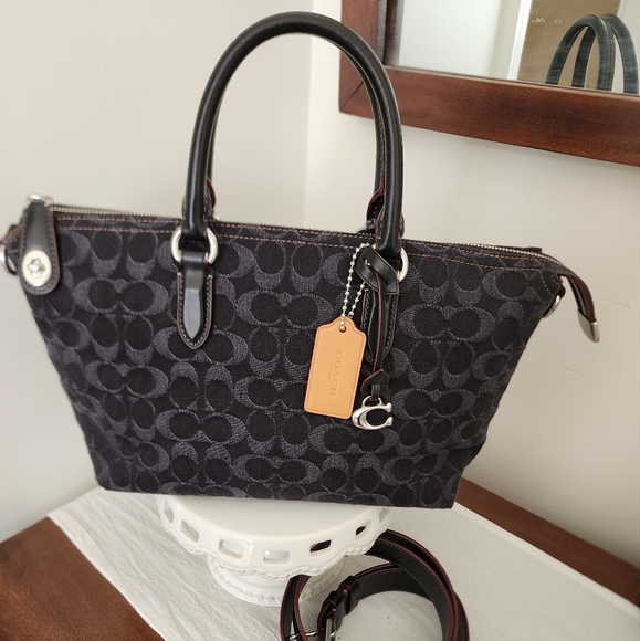 Coach Cara Satchel Signature Denim Black w/ Silver hardware NWOT - Picture 1 of 6